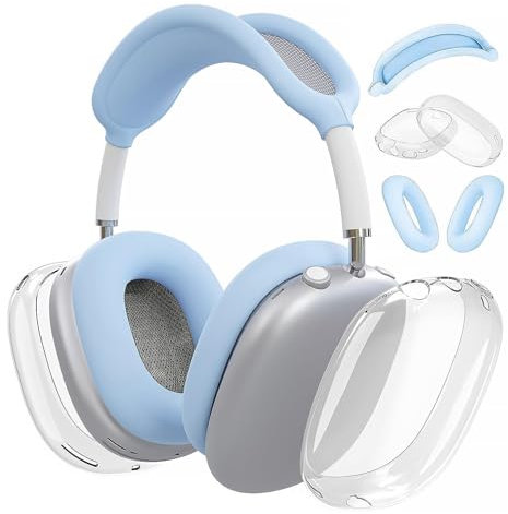 Woyinger Silicone Case for AirPods Max (2024/2020), Clear Soft TPU Ear Cups and Headband Cover, USB-C/Lightning Compatible, Transparent Accessories, Light Blue