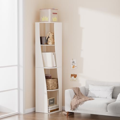 DFENG Eckregal Bücherregal Weiß 5 Ebenen Eck-Bücherregal Bücherschrank Stehend Eckschrank Platzsparendes Standregal Aufbewahrungsregal Holzregal für Wohnzimmer Büro Schlafzimmer, 39 x 39 x 180cm