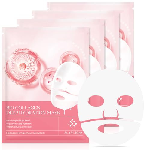 ARCHIDATE Kollagen Maske Gesicht Overnight - 4 Stück Feuchtigkeitsspendende Gesichtsmaske - Anti Falten Feuchtigkeitsmaske - Tuchmaske Gesicht für Frauen - Gesichtspflege Masken Beauty Kollagenmaske
