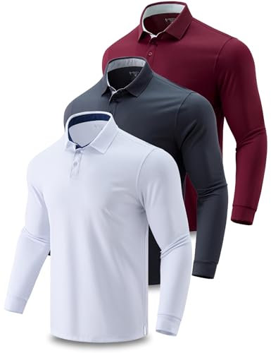 3 Pack: Dry Fit Long Sleeve Polo Shirts for Men, Athletic Collared Golf T-Shirts Performance Tops, Set 1, Medium