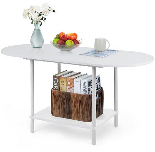 smusei Mesa de centro ovalada, mesa central de 2 niveles con compartimento de almacenamiento para sala de estar, mesa de centro de madera blanca con marco de metal para el hogar