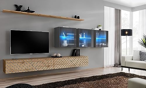 Deconation Ensemble De 7 Meubles Muraux Switch Xvii pour TV en Bois - Beige Et Gris - L 340 X H 150 X P 40 Cm
