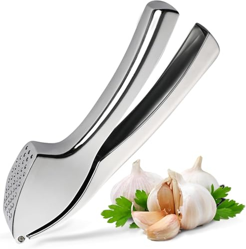 Premium Knoblauchpresse aus Edelstahl - Schwerlast Knoblauchpresse & Ingwer Fleischwolf - Kein Schälen nötig, rostfrei, leicht drücken, ergonomischer Griff, spülmaschinenfest, professionelles