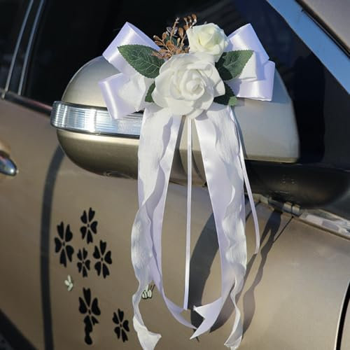AQCQDQ 6 Stück Autoschleifen Hochzeit, Künstliche Blume Autoschmuck Schleifen, Auto Verschönert Rückspiegel Türgriff Dekoration für DIY Autoschmuck (Weiß)