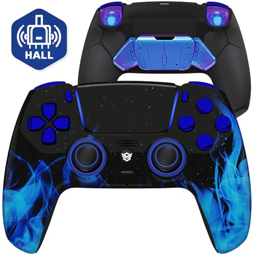HEXGAMING RIVAL PRO Hall Effect Wireless Controller Compatible with ps5-4 Back Buttons, Mouse-Click Hair Triggers, Interchangeable Thumbsticks - Blue Flames