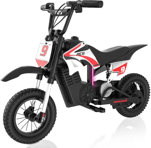 RCB R9X PRO Kinder Elektro-Motorrad, Elektromotorrad mit 350W Motor, 10/15/25 km/h Geschwindigkeitsmodus&16KM Reichweite, Umgebungslicht,Doppelte Stoßdämpfer, 12 Moto Crossbike für Kinder 4+ Jahren
