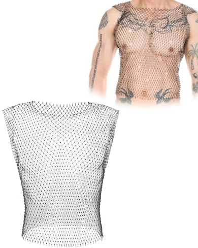SCJJZ Sexy Débardeur en strass pour homme en maille transparente et résille scintillante Tenue de rave Festival Crop Homme Chemise sexy Club Party,Hauts de fête,57cm