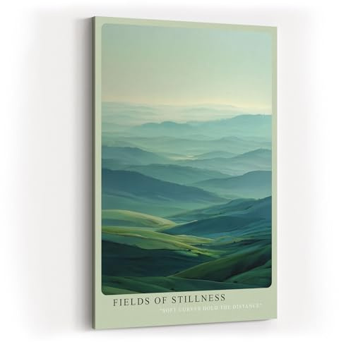 Paul Sinus Wandbild in 80x120cm Fields of Stillness – beruhigende Hügellandschaft in zarten Grünund Blautönen für harmonische Raumgestaltung