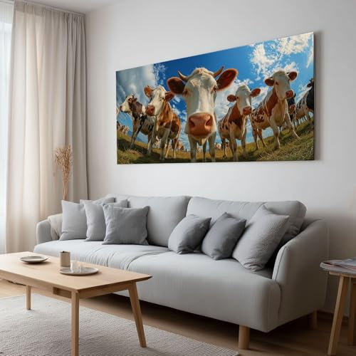Leinwand Wandkunst Grasland Rinder Blauer Himmel Weiße Wolke Art Print, Panorama Leinwand Bild XXL Kunstwerk - Home Wohnzimmer Wohnung Wanddekoration Kunstdrucke 160 x 80 cm