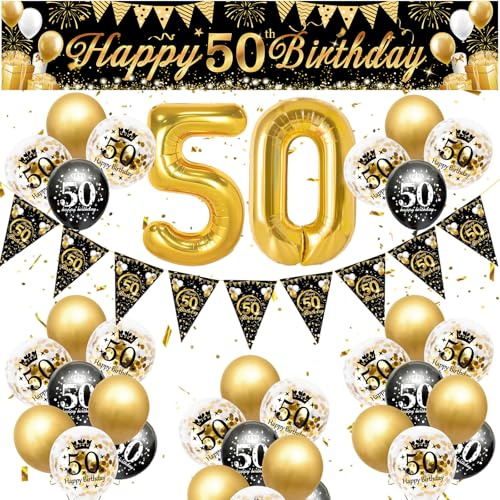 50 Geburtstag Deko Mann,Rainllon 50 Geburtstag Frau Deko 50 Luftballon Geburtstag Schwarz Gold,Geburtstagsdeko 50 Jahre Lange Banner Hintergrund 50er Geburtstags Girlande Wimpel.