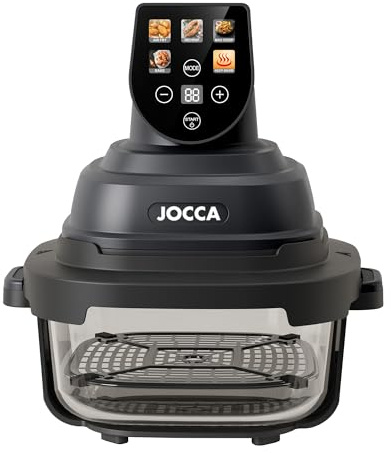JOCCA Friggitrice ad aria digitale in vetro 4,5 l + 1,5 l, Air Fryer in vetro Borosilicato, 1500 W, 4 programmi preimpostati, funzione mantenere caldo, cucina sana e trasparente
