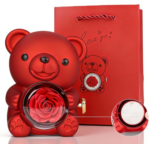Romantic Teddy Bear with Preserved Rose Heart,Valentines Gifts for Her,Hidden Jewelry Box,Eternal Red Rose Teddy Bear Gift for Women Girl Her Valentines Day,Mother's Day,Birthday,Wedding,Bridal Shower