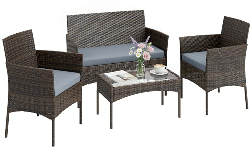 Outsunny Garten-Set aus Rattan mit Kissen, Set für Terrasse, wetterfest, Gartenmöbel mit 2 Sesseln, 2-Sitzer-Sofa, Tisch mit Glas, Braun und Grau