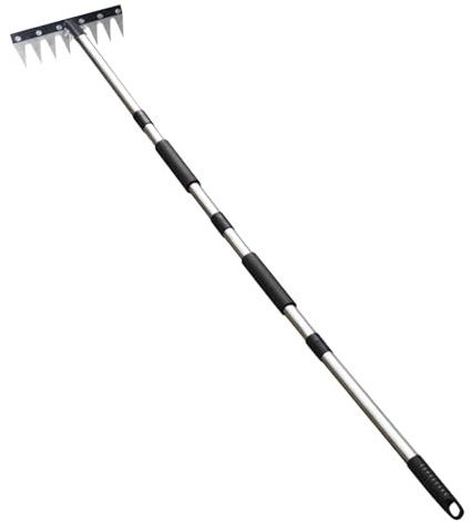 Rechen mit ausziehbarem Stiel 5/6/7/8 Robuster Stahl Gartenrechen zum Jäten und Auflockern von Saatgut Spaten Garten Holz (D, One Size)
