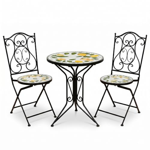 Tavolo Rotondo 60cm 2 Sedie Pieghevoli in Metallo e Ceramica Decoro Limoni Mediterraneo da Esterno o interno Ideale per Giardino Balcone Terrazzo e Portico hotel piscine elegante