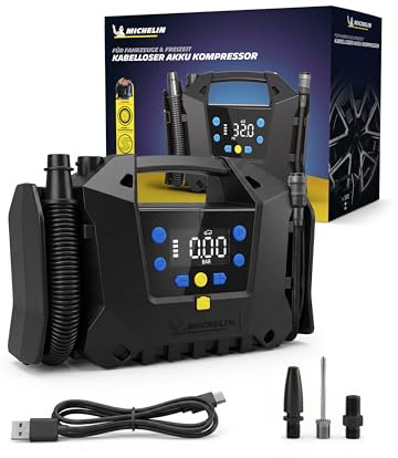 MICHELIN Air Power Pro Li-Ionen Akku-Kompressor kabellos bis 8,3 bar | Elektrische Luftpumpe bis 8,3 bar mit Digitaldisplay, Auto-Stopp & LED für Auto, Motorrad, Fahrrad & Luftmatratzen