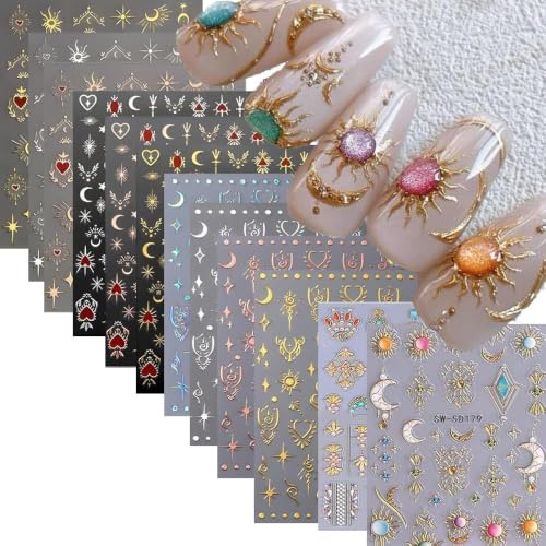 VelvetGlow Bohemian Style Nail Stickers for Nail Art – Embossed Stars, Moons & Suns – 5D Self-Adhesive Designs – Gold Nail Decals for Women (DIY Manicure) – 12 Sheets