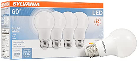 SYLVANIA LED Light Bulb, 60W Equivalent A19, Efficient 8.5W, Medium Base, Frosted Finish, 800 Lumens, Bright White - 4 Pack (79704)