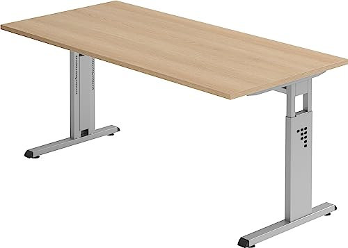 Bümö höhenverstellbarer Schreibtisch O-Serie 160x80 cm in Eiche, Gestell in Silber - PC Tisch für's Büro manuell höhenverstellbar, Computertisch verstellbar