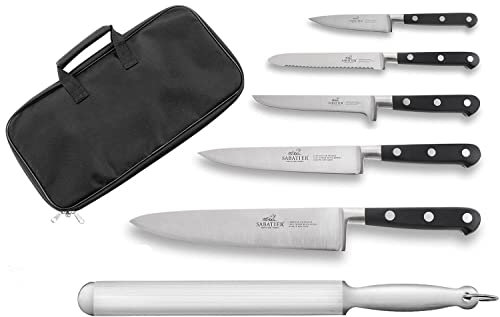Sabatier Idéal – Mallette de 5 couteaux de cuisine français 100% forgés avec rivets en acier inox + 1 fusil à aiguiser