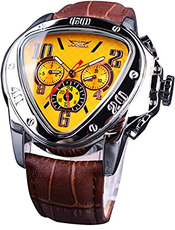 Winner Fashion Mechanische Armbanduhr für Herren, dreieckiges Rennsportzifferblatt, wasserdicht, goldenes Skelettzifferblatt, automatisches Uhrwerk, Lederdesign