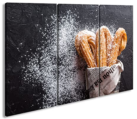 Leinwandbild Churros mit Puderzucker – Süße Verführung aus Spanien Format: 120x80 cm (3Teilig) XXL Kunstdruck Bild auf Keilrahmen/Wandbild/Wohnzimmer Deko