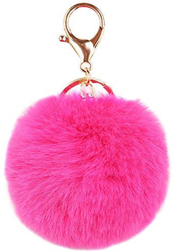 Auranso Pom Pom Fluffy Keyring Plush Charm Ring Faux Fur Bag Pendant Keychain Rose Red