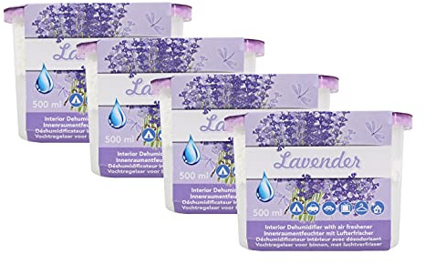 Luftentfeuchter 4 Stück Innenraumentfeuchter mit Lufterfrischer 500ml Granulat Raumentfeuchter Innen Entfeuchter Ocean Lavendel Rose Jasmin Erfrischer (Lavendel)