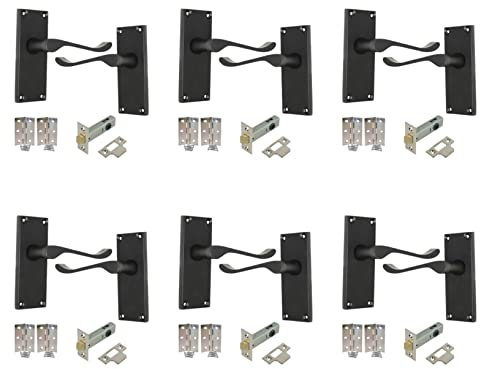 Haven Heritage Matt Black Internal Door Handles Victorian Scroll Lever Latch in Matt Black Inc Tubular Latch & Hinges Back Plate Size 118mm x 40mm. Sold in Pairs (6)