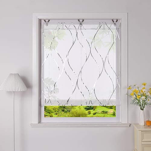 Heichkell Raffrollo mit Hakenaufhängung Ösen Raffgardine mit Foliendruck Transparent Küche Raffgardine Modern Wellen Druckmuster Rollos ohne Bohren Kleinfenster Vorhang Silber BxH 60x130 cm