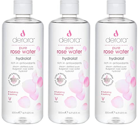 Derora Pure Rose Water - Spray idrorolato puro e naturale al 100%, cura della pelle per lenire e idratare pelle, viso e capelli, vegano e cruelty free (500 ml (confezione da 3)