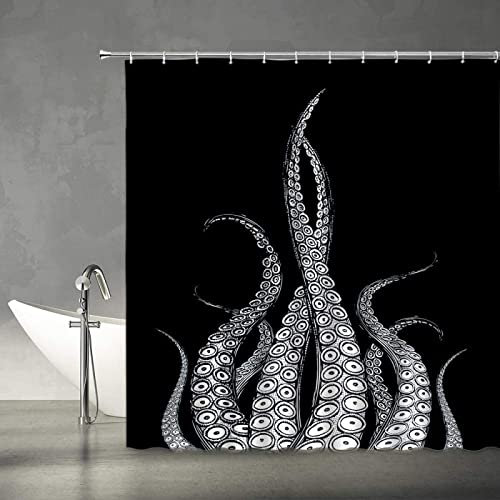 Duschvorhang 180x200 Krake, Wasserdicht Anti Schimmel Duschvorhänge 3D Schwarz, Shower Curtains Waschbar mit 12 Ringe, Duschrollo für Badewanne, Dusche Badezimmer