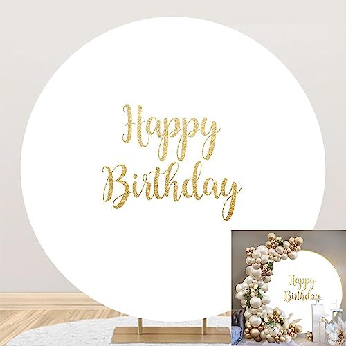 Renaiss 2m Joyeux Anniversaire Toile De Fond Ronde Blanc d'or Polyester Photographie Fond Enfants Adultes fête d'anniversaire décoration gâteau Table bannière Photo Studio Accessoires