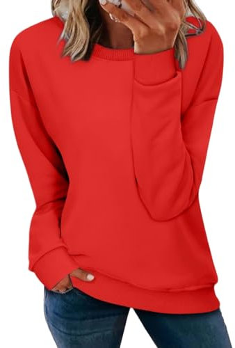 NEYOUQE Pullover Damen Longsleeve The Comfy Einfarbig Rundhals Langarmshirts für Damen Große Größen Shirt Rot XXL