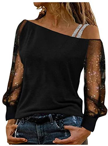 Damen Bluse T-Shirt Damen Langarm Sweatshirt Sexy Schulterfrei Shirt Bluse Glitzer Spitze Langarmshirt Frühling Sommer Oberteile Tunika Tops Elegant Hemdbluse Streetwear