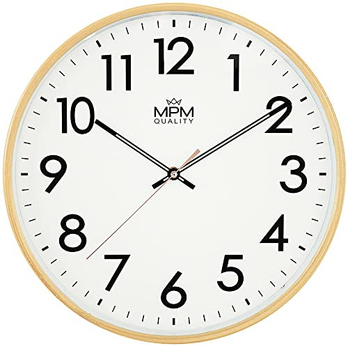 MPM Design Kunstoff Wanduhr, große arabische Ziffern, Hellbraun, Quarz-Uhrwerk, ∅ 350 mm, modern, Analog Wand Uhr, Wanddeko, Dekoration für Wohnzimmer, Küche, Büro, Schlafzimmer