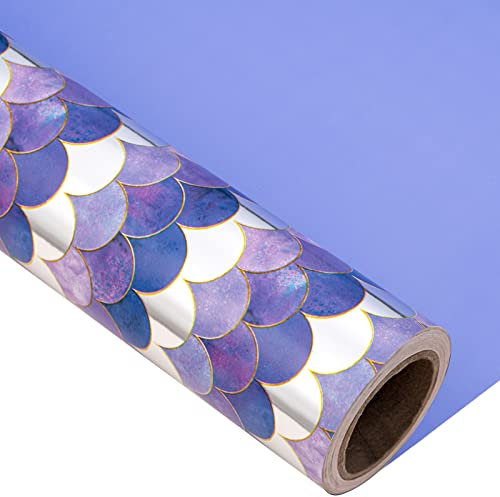 Holijolly Reversible Wrapping Paper Roll.Mini Roll.43.9 cm X 10m.Lila Meerjungfrau mit Glitter Metallic Folie Design (4.39 Quadratmeter)