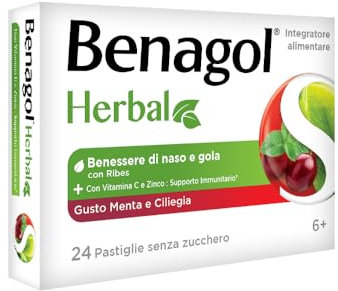 Benagol Herbal Gusto Menta e Ciliegia, Integratore Difese Immunitarie a Base di Vitamina C e Zinco con Ribes, per il Benessere di Naso e Gola e per il Sistema Immunitario, 24 Pastiglie