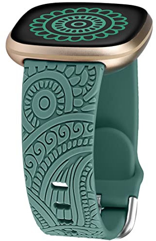 TOYOUTHS Floral Gravierte Armband kompatibel mit Fitbit Versa 4/Versa 3/Sense 2/Sense Armband, Sport Solo Loop Silikon Boho Blume Fancy Cute Armbänder für Damen Herren, Grün