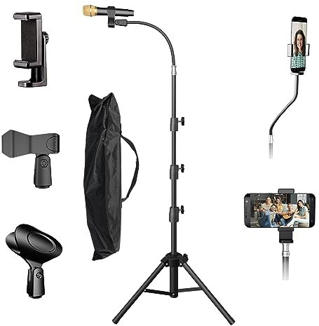 KEREAL Microphone Stand For singing For Most Mic, Gooseneck Mic Stand Adjustable Height From 21” to 75”, Portable Mic Floor Stand with Phone holder,Two Mic Clips for Studio, Stage, Karaoke, DJ, Kids