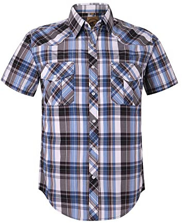 COEVALS CLUB Mens Shirts Short Sleeve Casual Push Button Plaid Suit Regular Fit Western Cowboy Pearl Snap Two Pockets Work Derss Button Up Shirts (Light Blue & Gray #10 L)