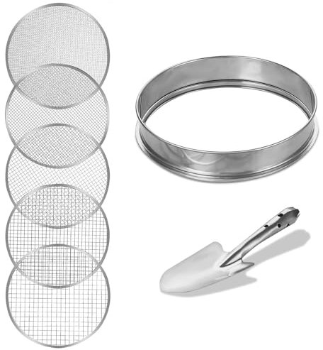 DUOJIN Set di Setaglio da Giardino Rotondo 30cm in Acciaio Inox con 5 Setacci Intercambiabili di 3/6/9/10/12mm, Attrezzi da Giardino per Setacciare Terreni, Semi, Pietre e Compost, Comprese Pale