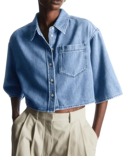 Tankaneo Womens Crop Denim Shirt Half Sleeve Button Down Short Jean Jacket with Pocket Light Blue