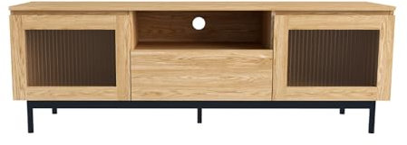 CONCEPTO FÁBRICA | Mueble TV 160 cm | Praga | 1 cajón, 2 armarios y 1 nicho | Puertas de armarios de cristal flautado | Acabado madera roble y metal | Práctico, elegante y versátil