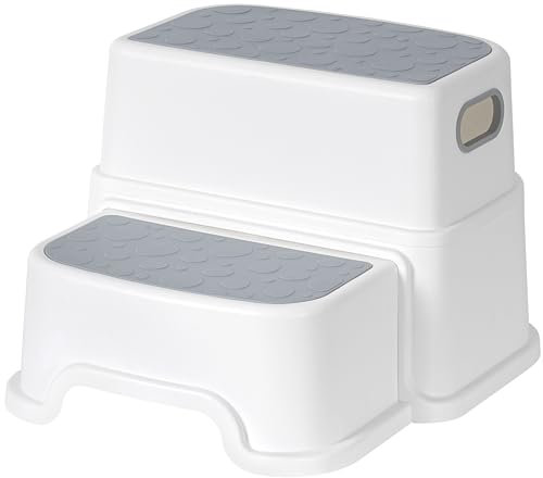 Budding Bear Marche Pied Enfant Blanc & Gris à 2 Marches - Marchepieds pour Chambre de Bébé, Salle de Bain, Cuisine - Marche Pied Toilette Compact & Portable - Plastique PP Léger, Base Antidérapante