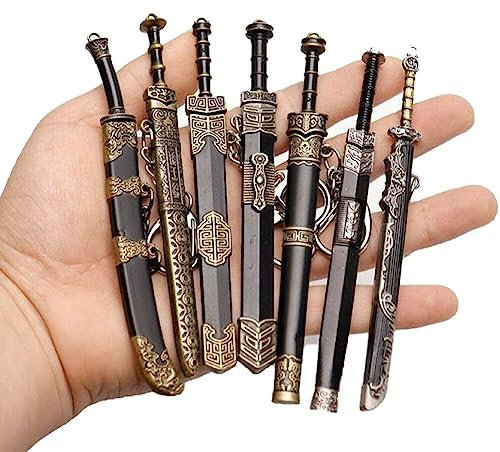 7 Pcs Chinese Ancient Sword Keychain Key Ring Chinese Style Weapon Sword Model Key Chain Pendant Bag Charm for Men Women Gift