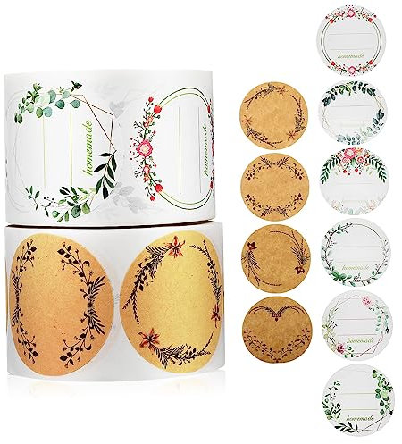 Operitacx 2 Rollen Selbstklebende Beuteletiketten mit Schönem Pflanzenkranzdruck aus Kraftpapier für Geschenktüten und Marmeladengläser Dekorativ und Ausreichend für Hochzeiten