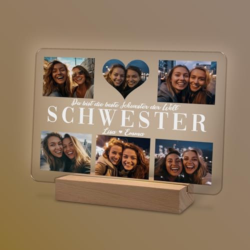 Yuweli® Geschenke für beste Schwester personalisierte Nachtlampe mit Foto und Namen als Geschenk für Schwester zum Geburtstag Weihnachten