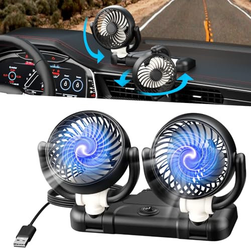 Exsivemy Ventilatore Auto Doppia Testa 5V 360 ° Rotante, Ventola di Raffreddamento a 2 Velocità, Ventilatori USB a Doppia Testa, Doppia Ventola, per Camion, Furgoni, SUV, Camper