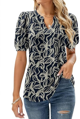 EFFAN Womens Tops Short Sleeve V Neck T Shirts Casual Floral Printed Longline Tunic Blouse Floral_Navy XL (UK 18-20)
